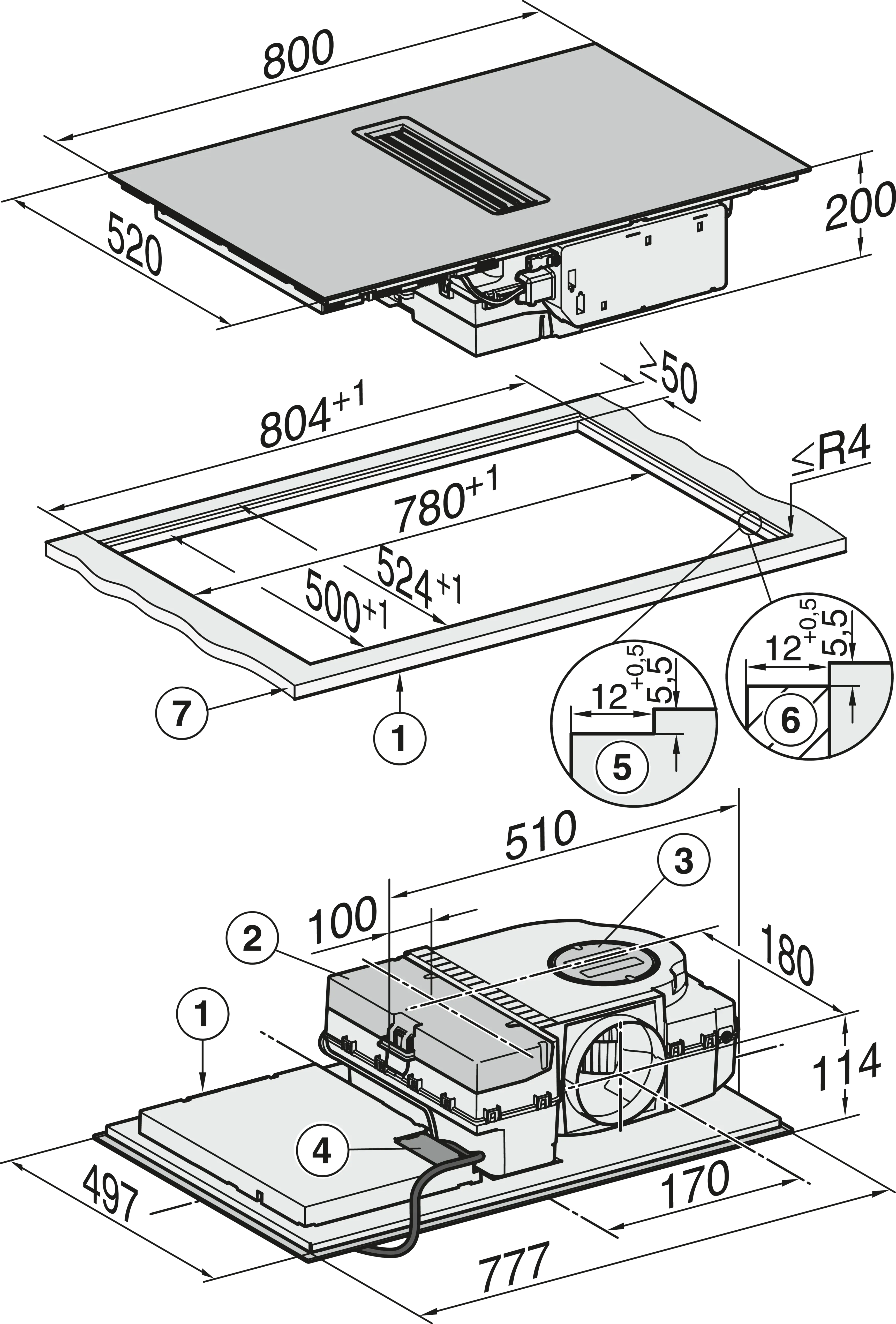 Plita incorporabila cu hota integrata Miele Silver cu 4 zone KMDA 7272-1 FL Silence