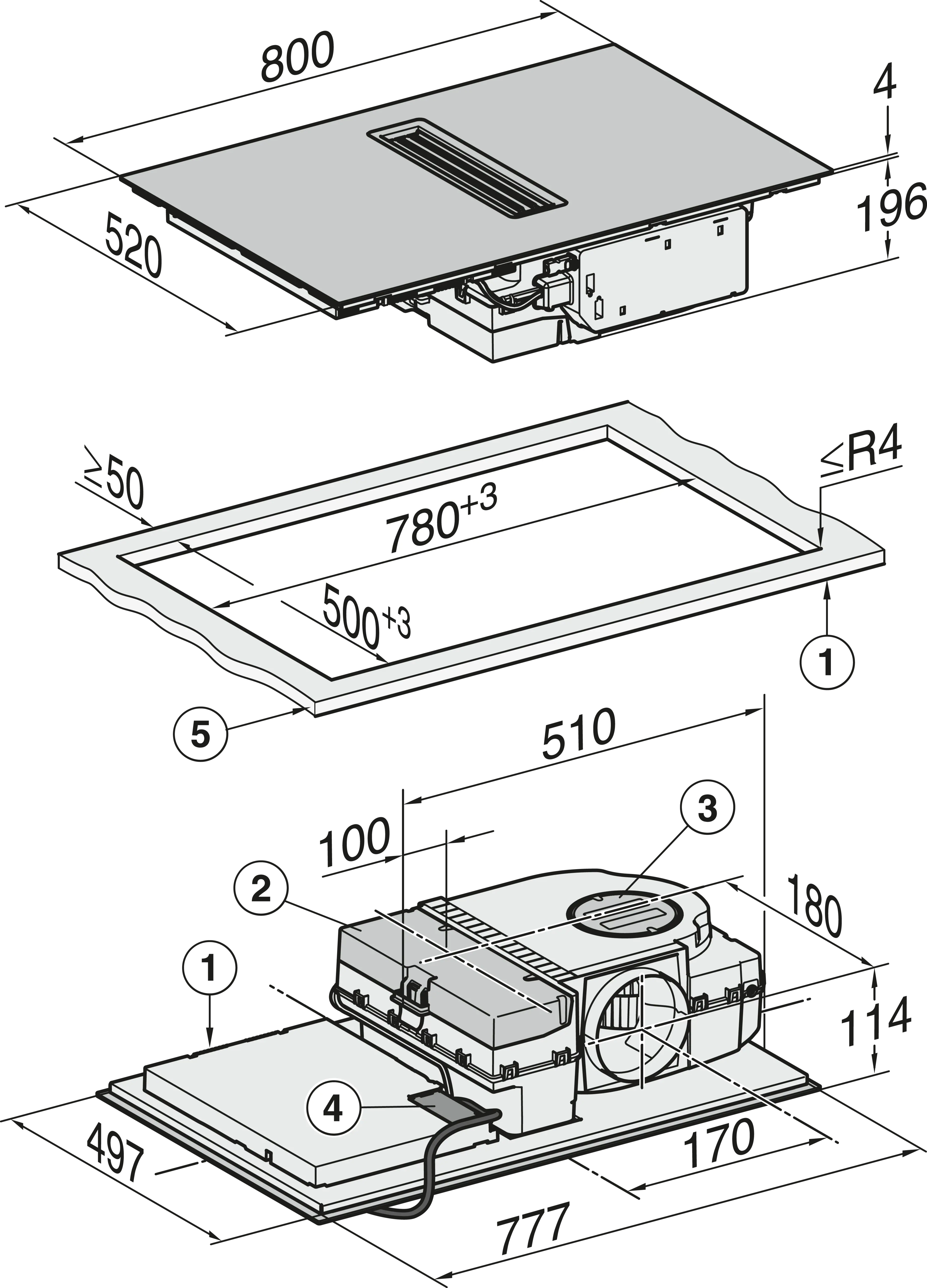 Plita incorporabila cu hota integrata Miele Silver cu 4 zone KMDA 7272-1 FL Silence