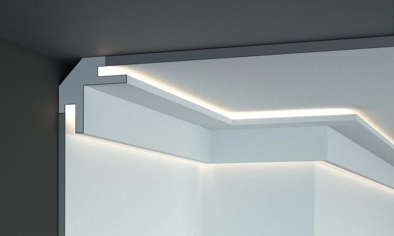 Profil pentru banda LED din polistiren extrudat acoperit cu rasina minerala KD203 - 9.5x9.5x115 cm
