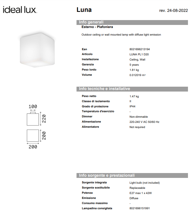 PLAFONIERA LUNA PL1 MEDIUM/EXTERIOR
